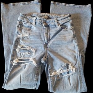 American Eagle Outfitters Blue Super Hi-rise Flare Jeans Distressed Size 4